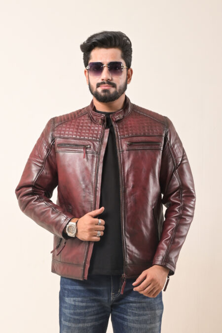 D Pattern Burgundy Quilted Leather Jacket