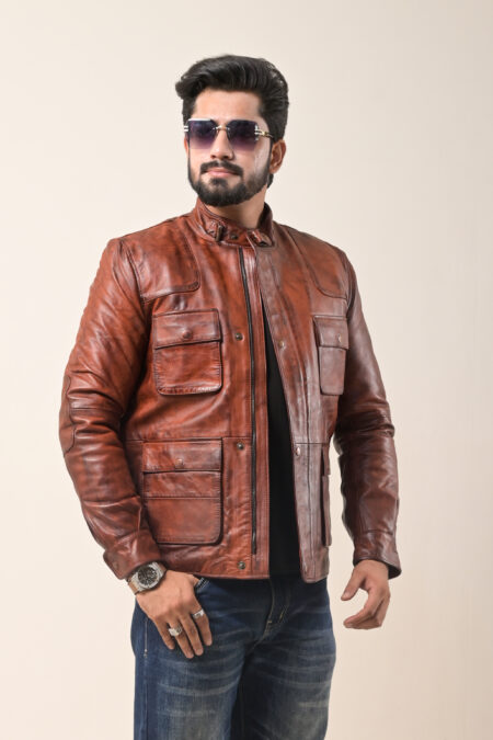 Vintage Brown Four-Pocket Genuine Leather Jacket