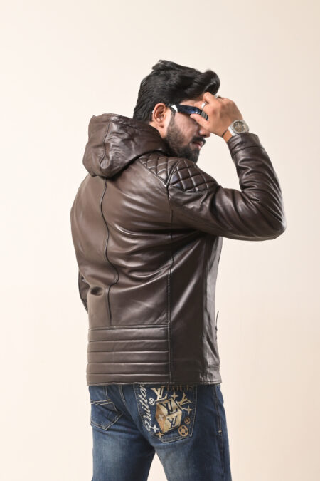 Coffee Brown Quilted Shoulder Hooded Leather Jacket