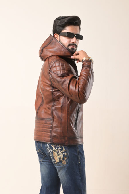 Vintage Tan Quilted Hooded Leather Biker Jacket